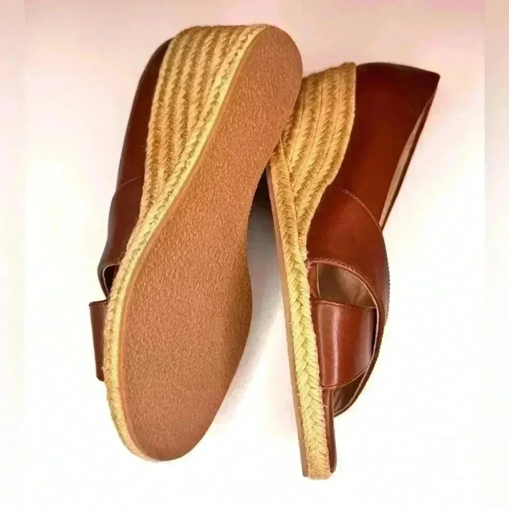 Jack Rogers Womens PALMER Crisscross Wedge Espadrille Heels Mocha Leather SZ-6